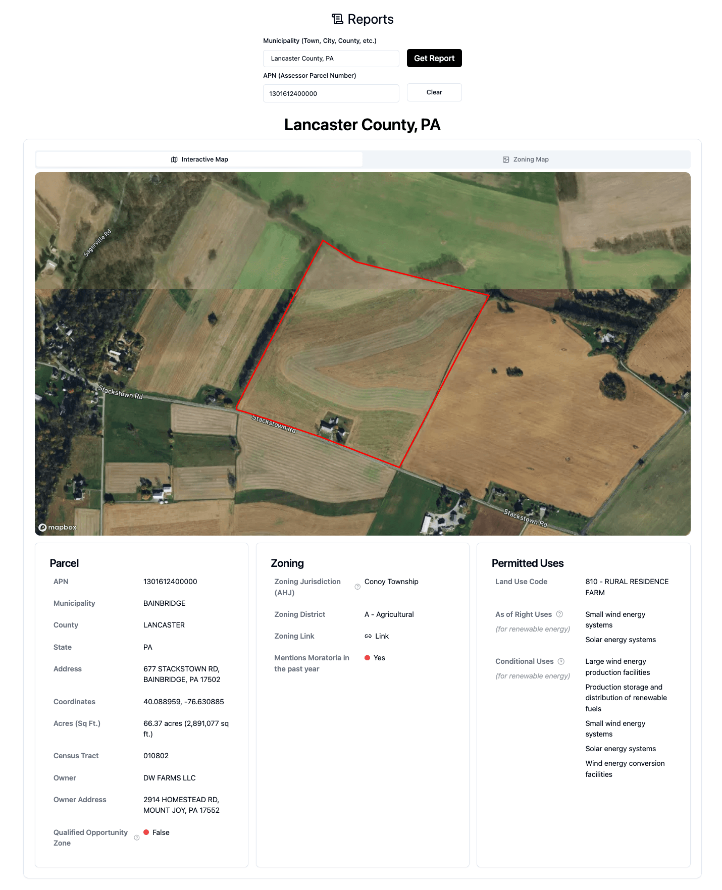 Spark Reports showing parcel analysis with zoning, permitted uses, and interactive map